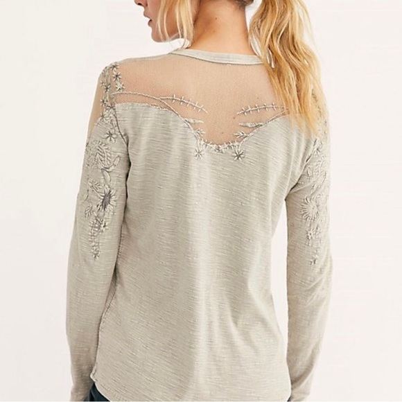 Free People Micha embroidered mesh beaded long sleeve tee gray combo - Picture 2 of 8
